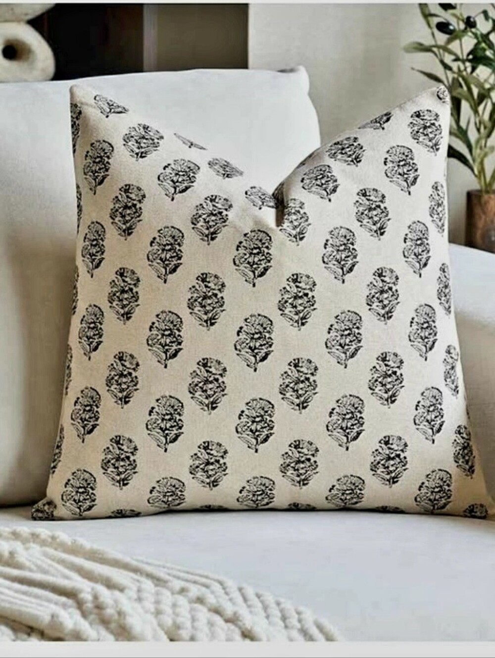 Neutral Block Print Decorative Throw Pillow Cover - Black on Cream Sz 20x20